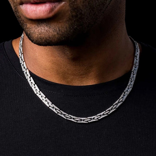 10mm diamanten zilveren koningsketting volledig bezet met platte schakels