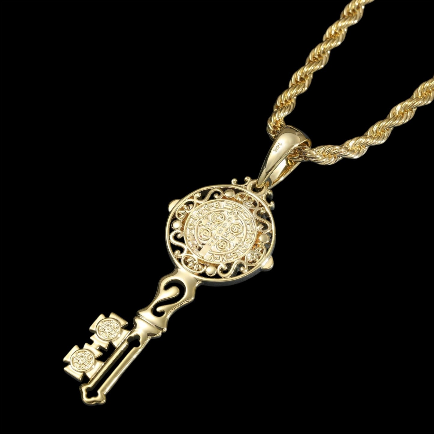 14k gold key pendant with Saint Benedict symbol And dookie rope chain
