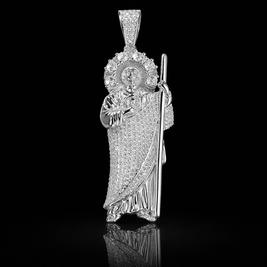 Silver Saint Jude pendant iced with diamonds