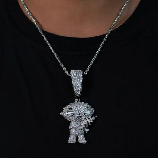 Diamond Stewie cartoon pendant with dookie rope chain