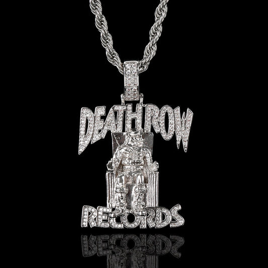 Silver death row records pendant with diamonds and chain
