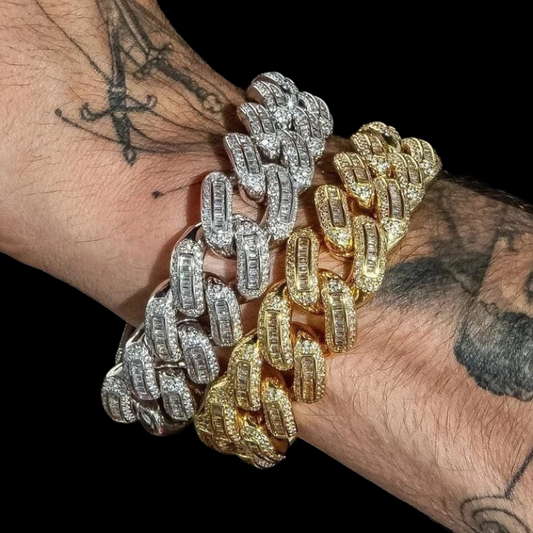 gold diamond iced out miami cuban bracelet with baguette stones