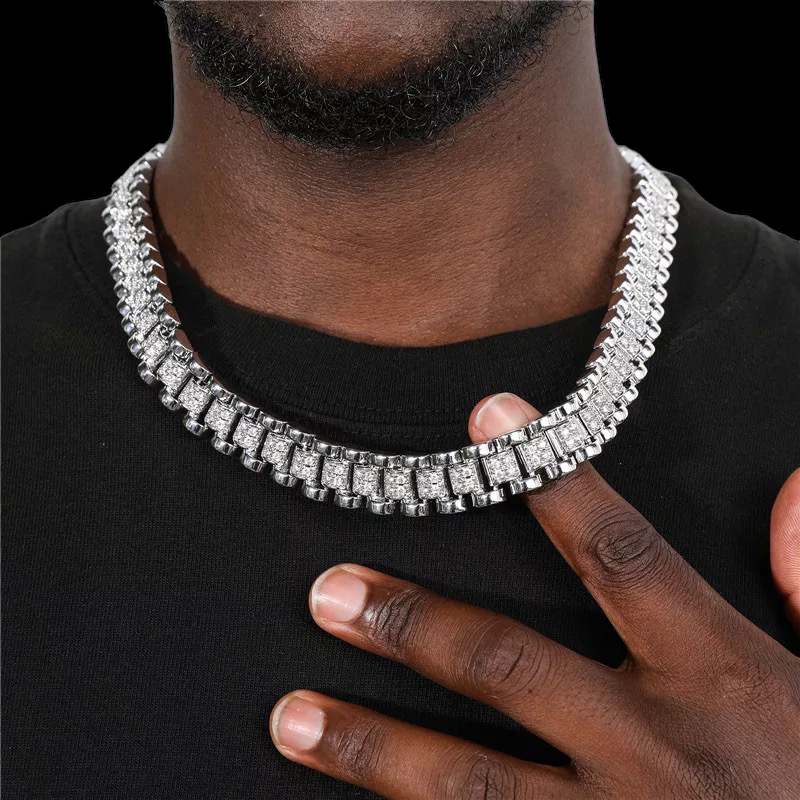 iced out 14mm white gold rollie link chain with diamond setting