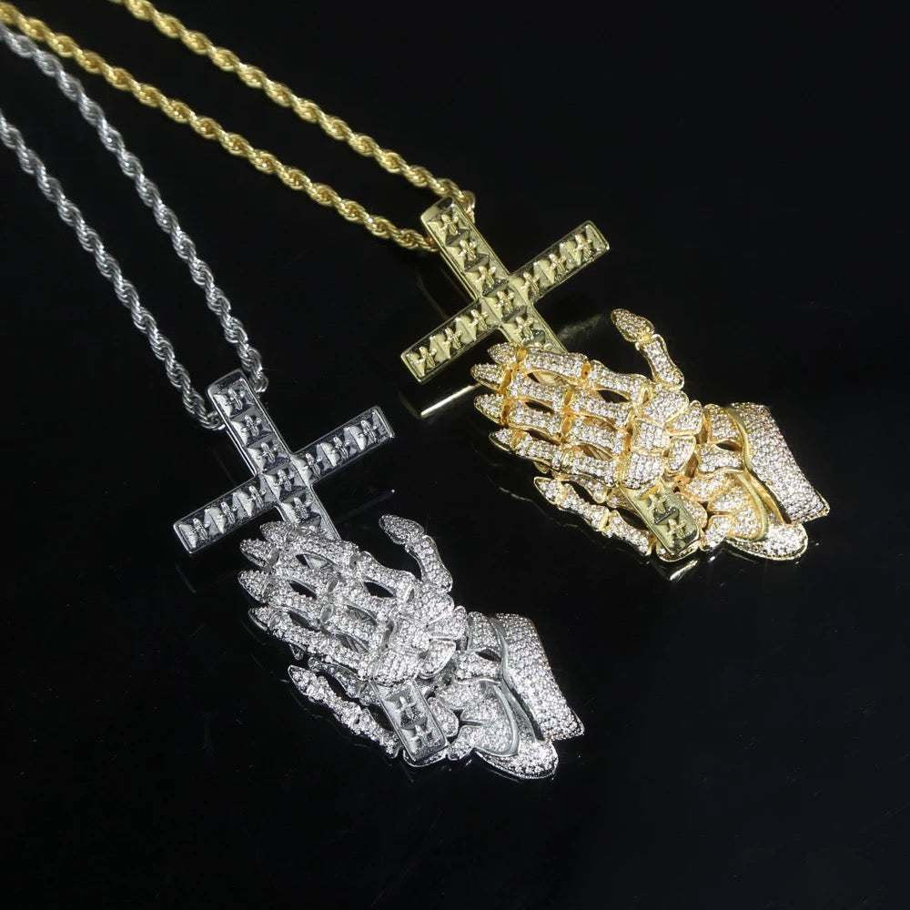 Cross Pendant With praying skeleton hands