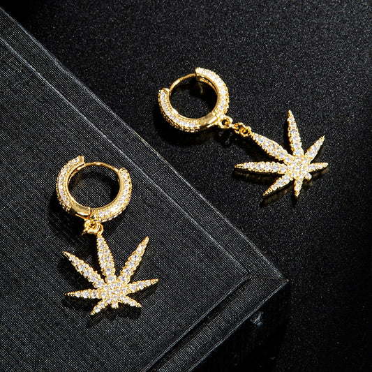 Gold Plated Iced Out Hemp Leaf Earrings