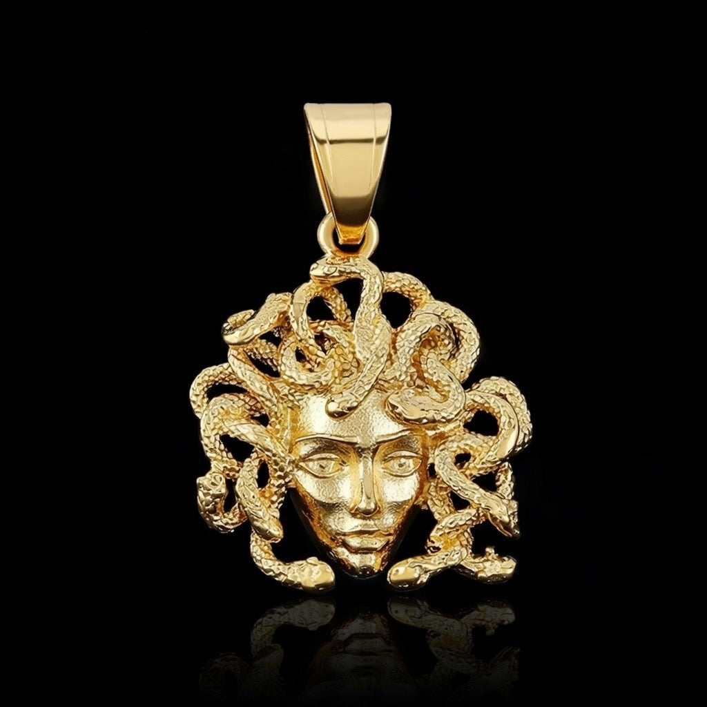 Medusa gold pendant featuring twisted snake design