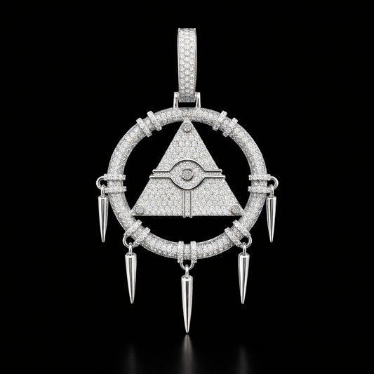 White Gold Millennium Ring pendant featuring pavé-set diamonds, circular frame and hanging spike details