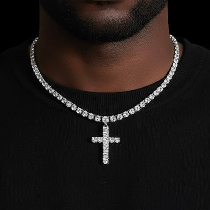 Iced out white gold cross tennis chain necklace with diamond stones