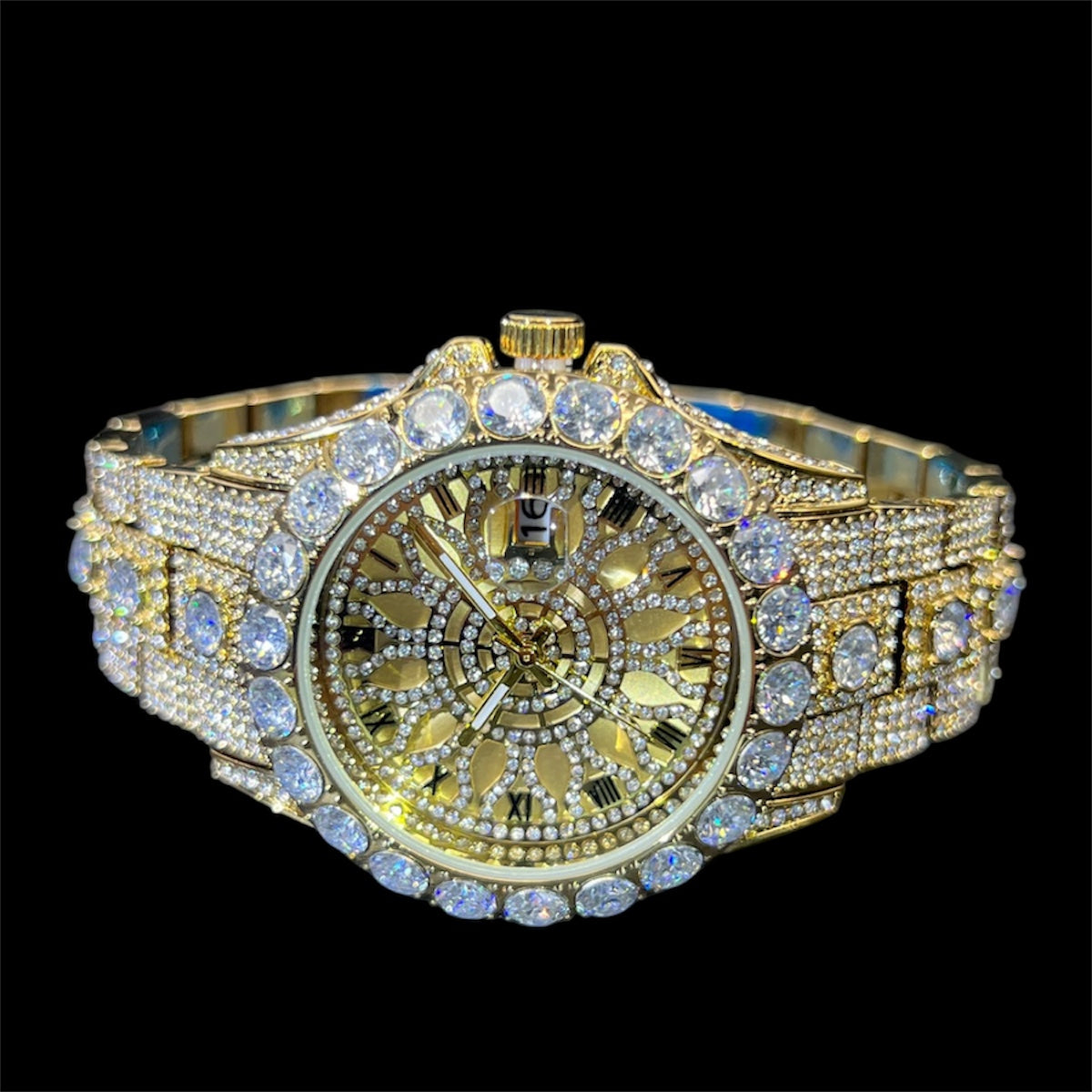 Sunburst Date 45mm – Fully Iced Gold-Plated Watch