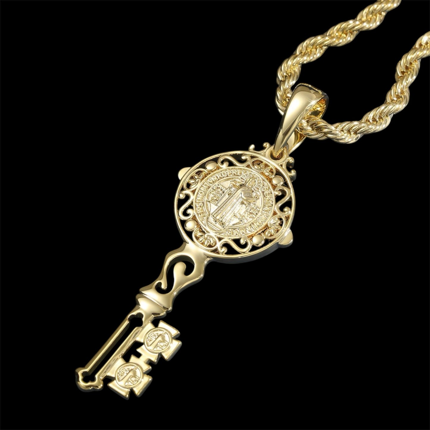 gold key pendant with Saint Benedict symbol