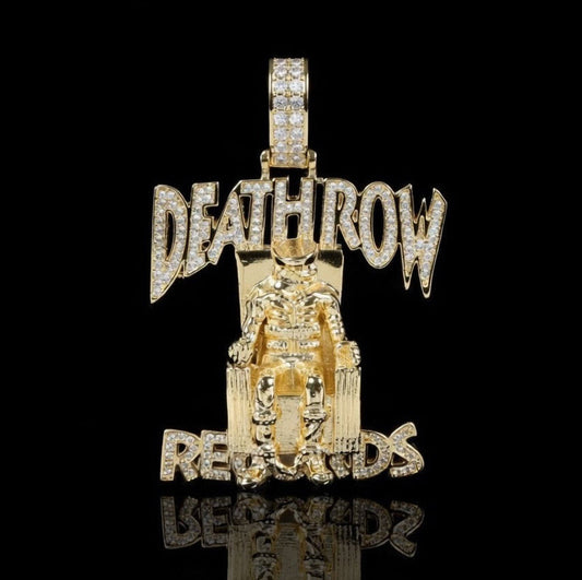 Gold Death Row Records pendant featuring diamond-set logo lettering and detailed electric chair centerpiece in polished 14k gold.