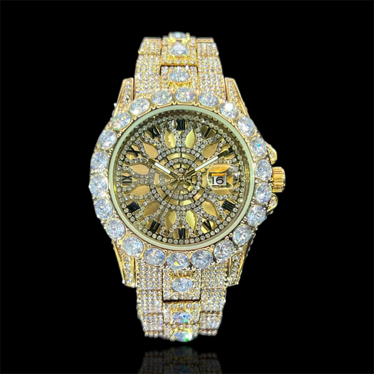 Sunburst Date 45mm – Fully Iced Gold-Plated Watch