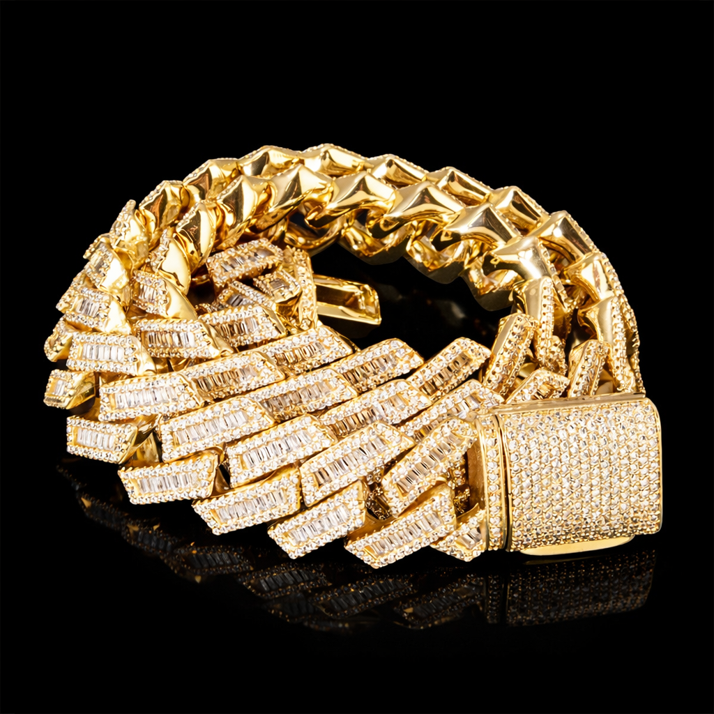 gold diamond iced out miami cuban baguette s-link chain necklace