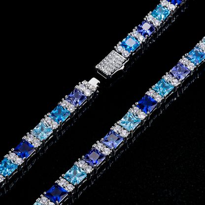 Diamond iced tennis chain with blue stones, premium men’s necklace