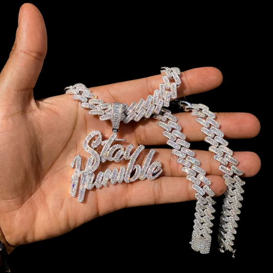 Stay humble pendant iced out white gold baguette diamond pendant with Cuban  