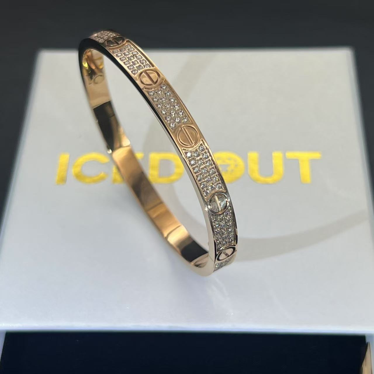 premium rose gold bangle bracelet iced out with diamonds