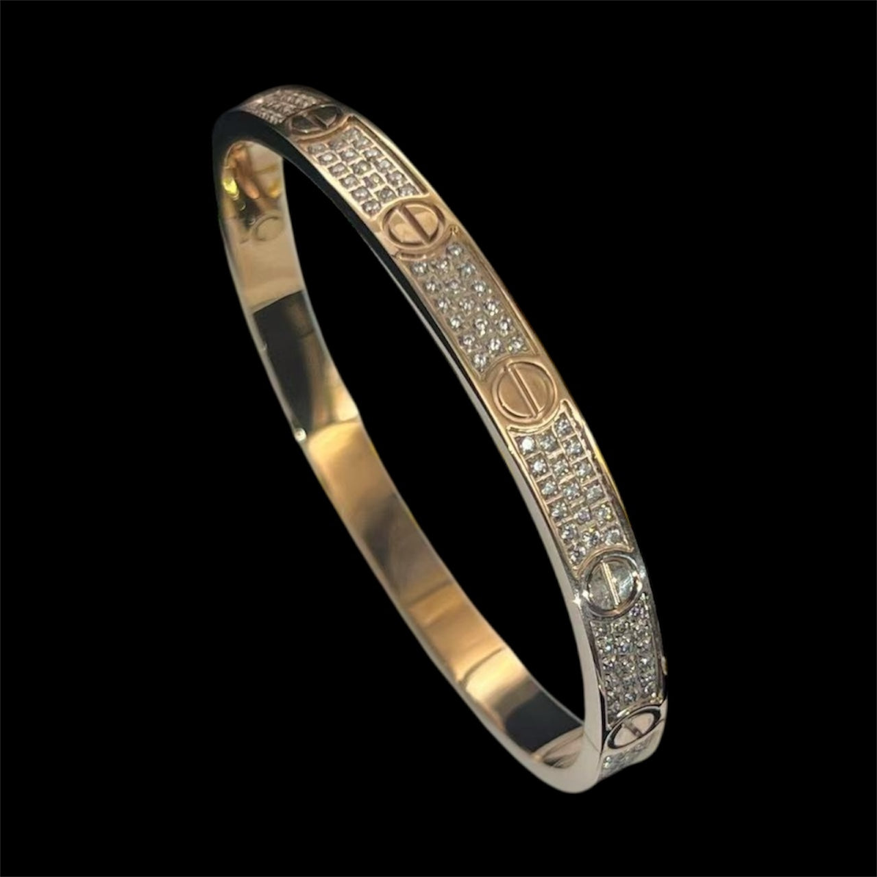 iced out rose gold bangle bracelet with diamond setting